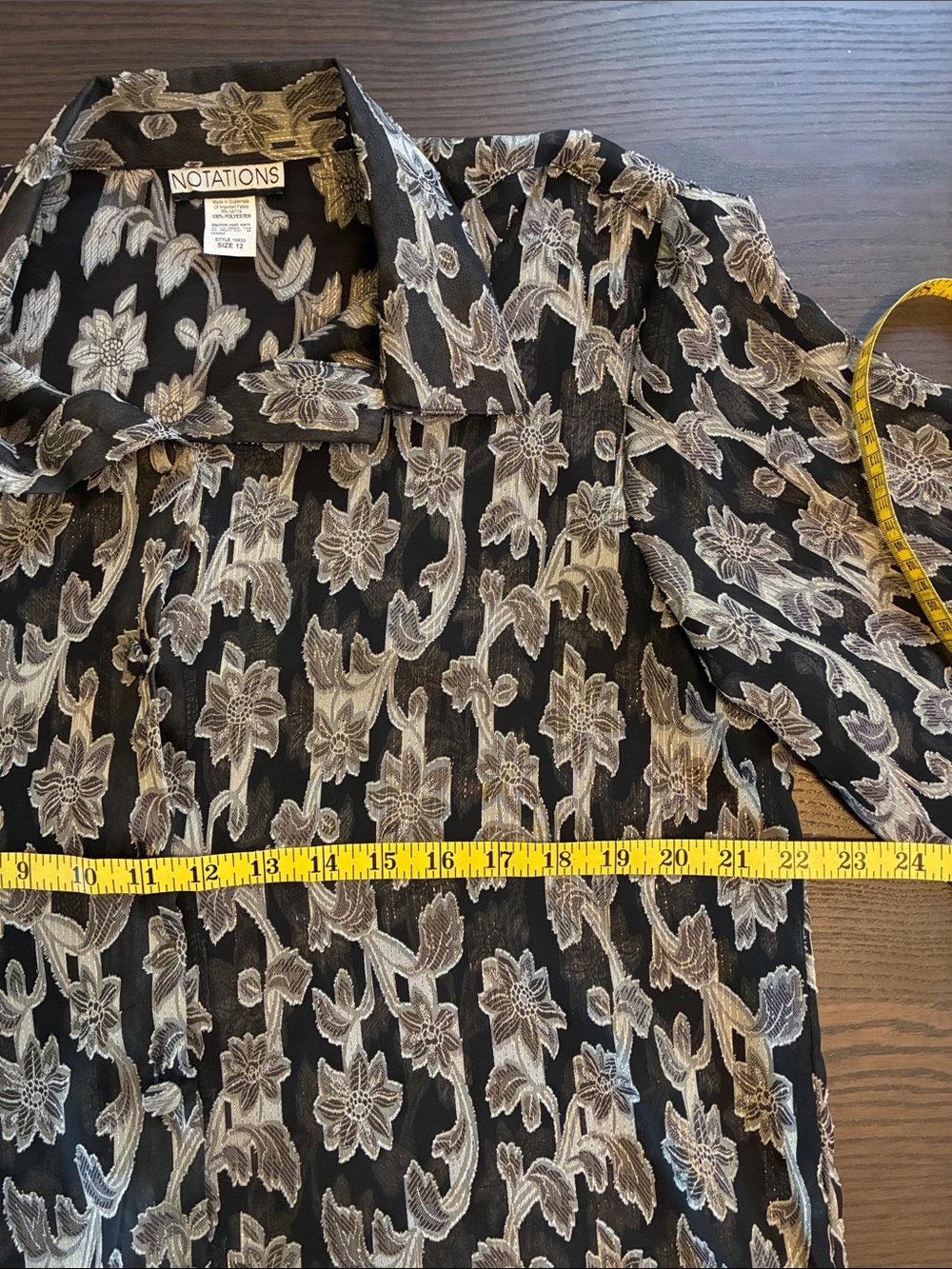 Vintage Notations Black Shirt with Gold Stripes& Beige Floral Pattern - Picture 6 of 8